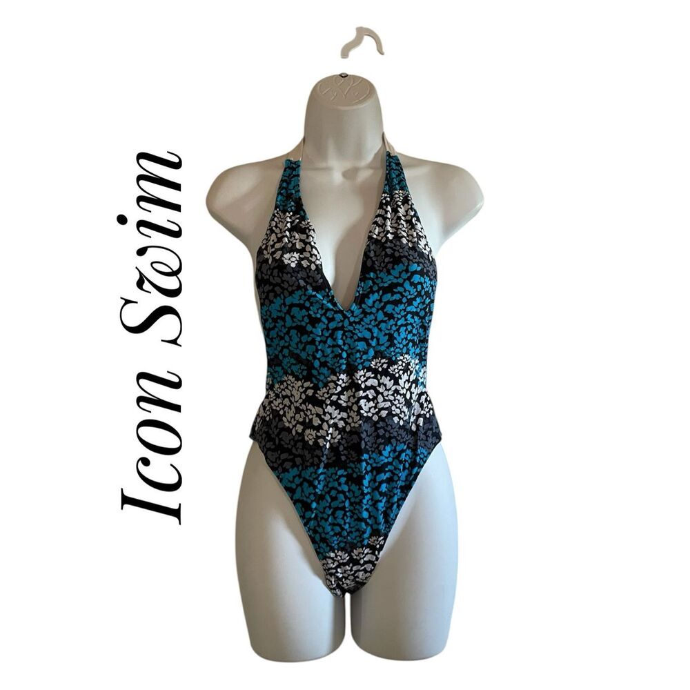 Icon Swim Medium One Piece Bikini Plunge Neck Halter Open Back Blue
